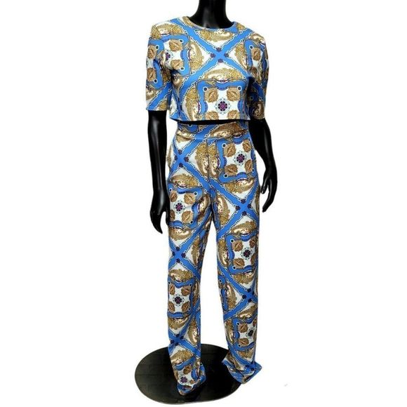 Nasty Gal Womens US8‎ BLue Gold Chain Filigree 2pc Crop Top Wide Leg Pant Set - Picture 1 of 9